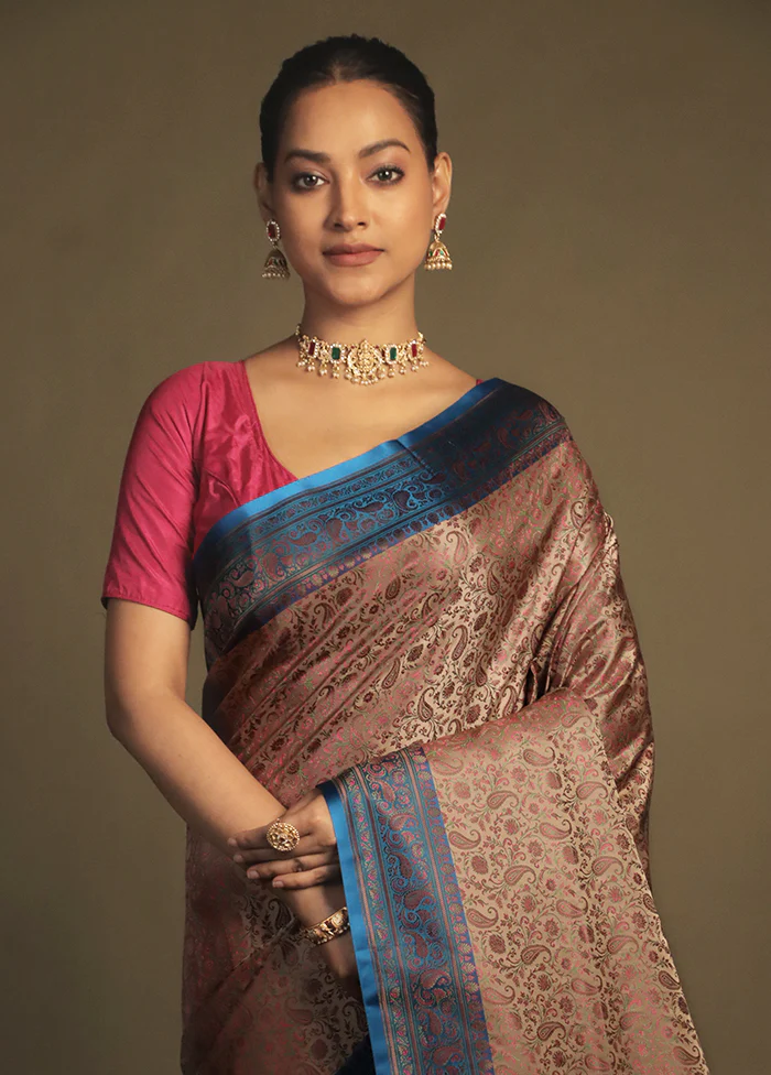 Pink Handloom Jamewar Pure Silk Saree With Blouse Piece - Image 2