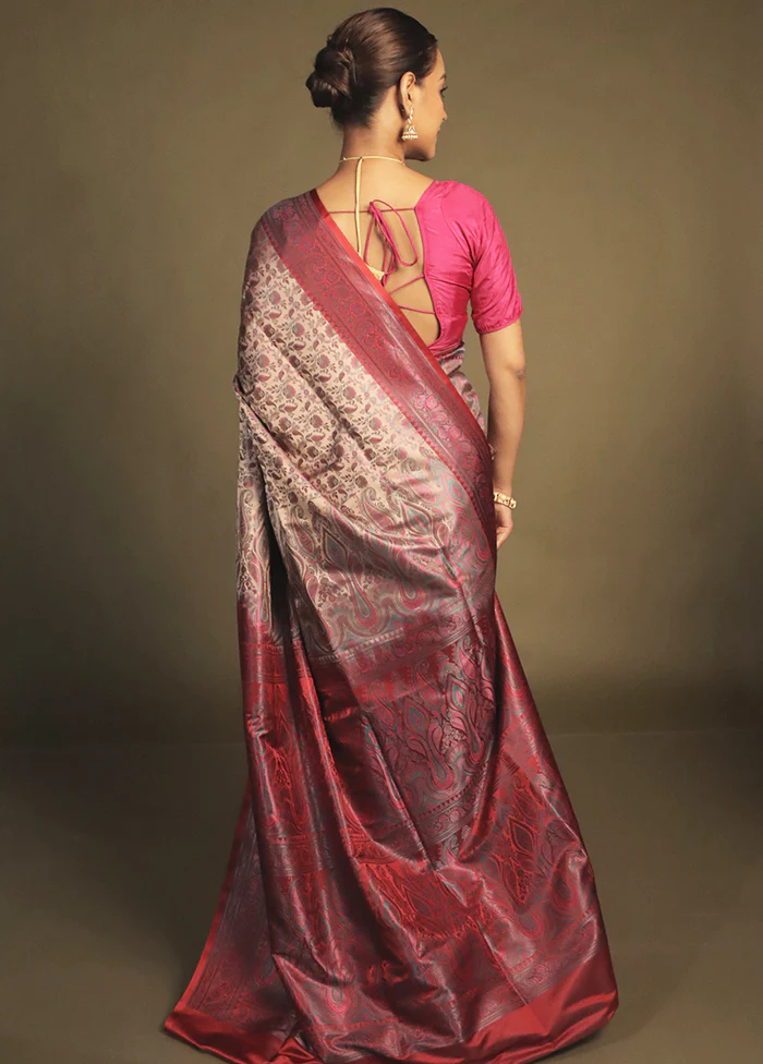 Pink Handloom Jamewar Pure Silk Saree With Blouse Piece - Image 3