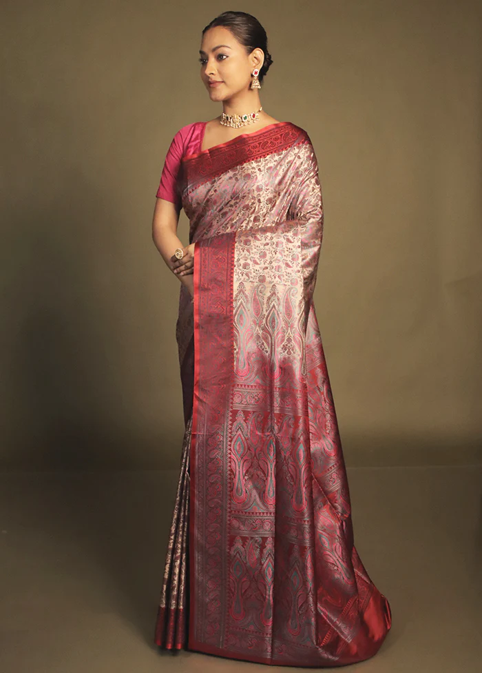 Pink Handloom Jamewar Pure Silk Saree With Blouse Piece - Image 4