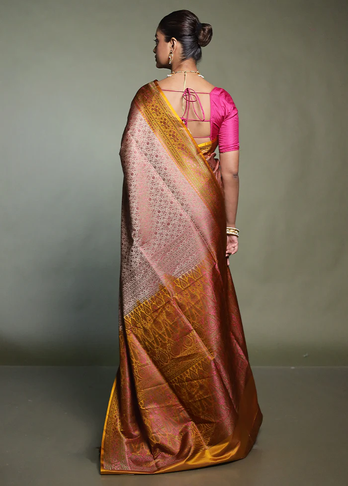 Pink Handloom Jamewar Pure Silk Saree With Blouse Piece - Image 3