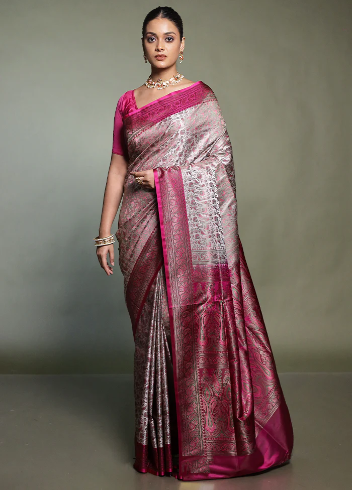 Pink Handloom Jamewar Pure Silk Saree With Blouse Piece - Image 2