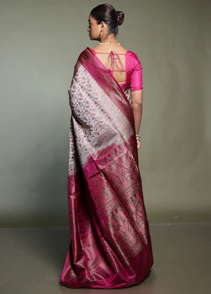 Pink Handloom Jamewar Pure Silk Saree With Blouse Piece - Image 3