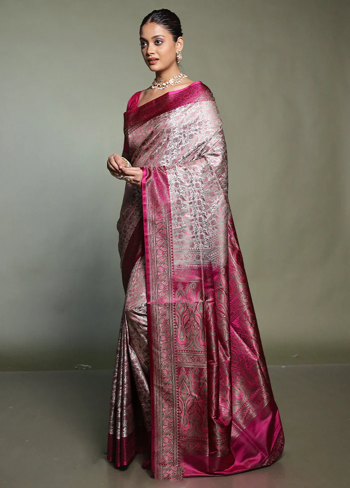 Pink Handloom Jamewar Pure Silk Saree With Blouse Piece - Image 4