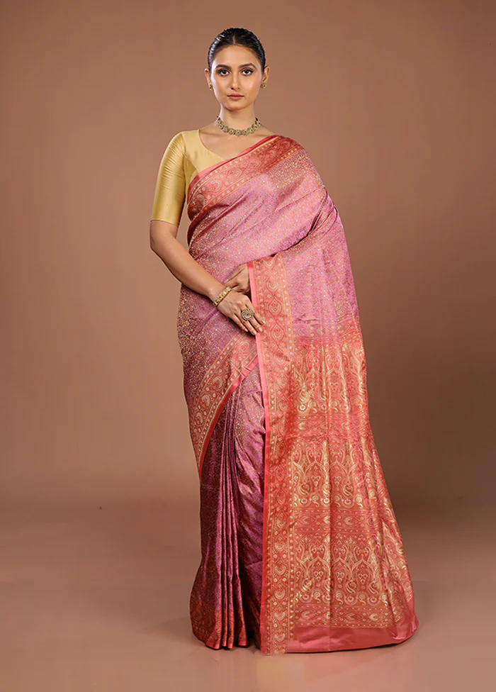 Pink Handloom Jamewar Pure Silk Saree With Blouse Piece - Image 2