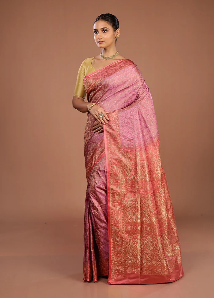 Pink Handloom Jamewar Pure Silk Saree With Blouse Piece - Image 4