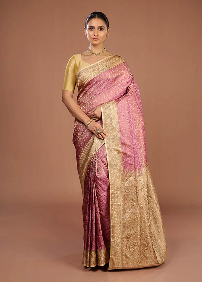 Pink Handloom Jamewar Pure Silk Saree With Blouse Piece - Image 2