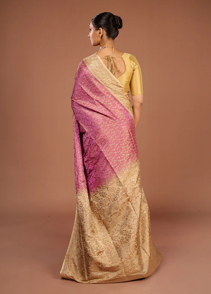 Pink Handloom Jamewar Pure Silk Saree With Blouse Piece - Image 3
