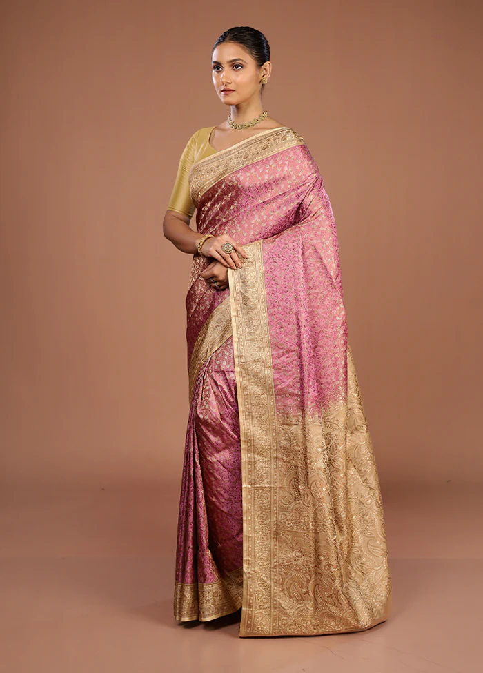 Pink Handloom Jamewar Pure Silk Saree With Blouse Piece - Image 4