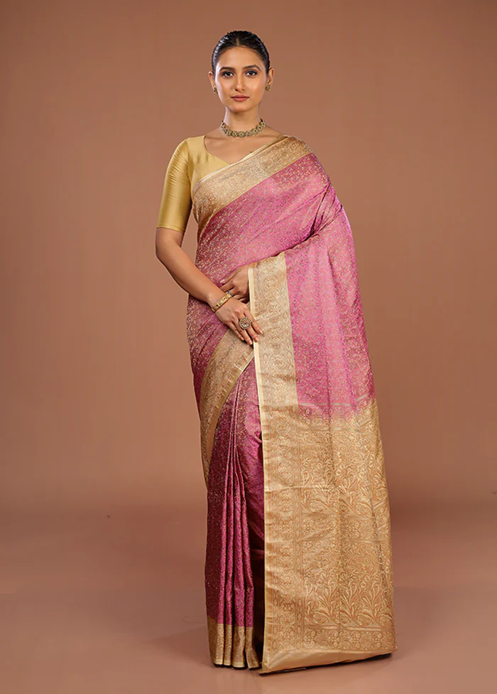 Pink Handloom Jamewar Pure Silk Saree With Blouse Piece - Image 2