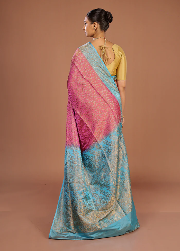 Pink Handloom Jamewar Pure Silk Saree With Blouse Piece - Image 3