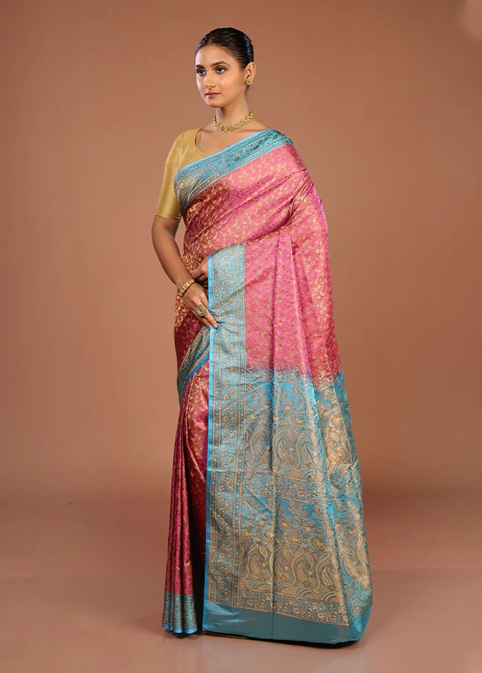 Pink Handloom Jamewar Pure Silk Saree With Blouse Piece - Image 4