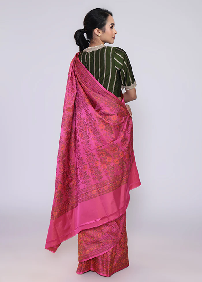Pink Handloom Jamewar Pure Silk Saree With Blouse Piece - Image 3