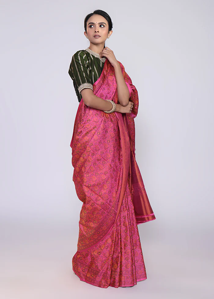 Pink Handloom Jamewar Pure Silk Saree With Blouse Piece - Image 4