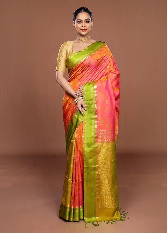 Orange Handloom Kanchipuram Pure Silk Saree With Blouse Piece - Image 2