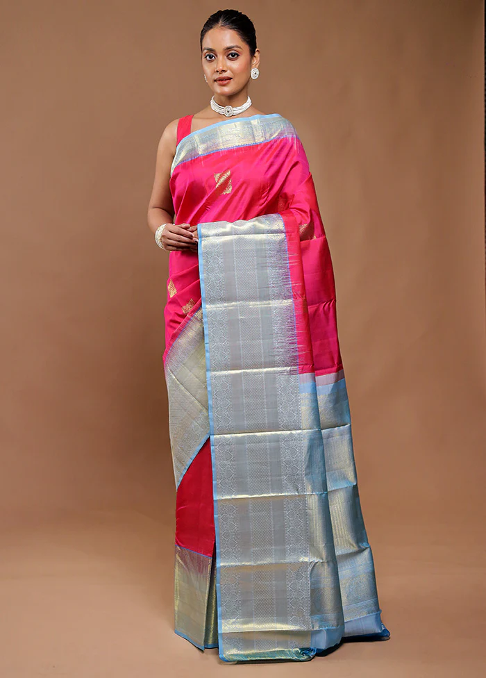 Pink Handloom Kanchipuram Pure Silk Saree With Blouse Piece