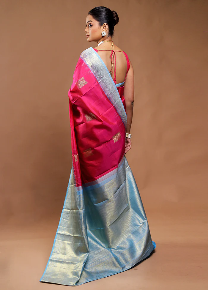 Pink Handloom Kanchipuram Pure Silk Saree With Blouse Piece - Image 3
