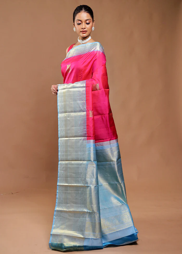 Pink Handloom Kanchipuram Pure Silk Saree With Blouse Piece - Image 4