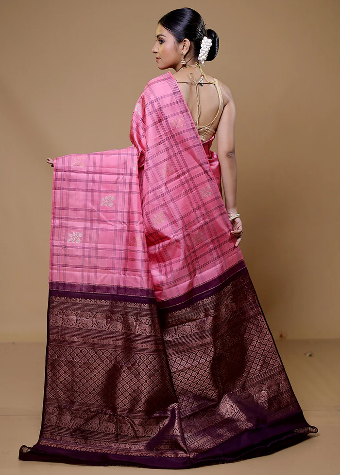 Pink Handloom Kanchipuram Pure Silk Saree With Blouse Piece - Image 3