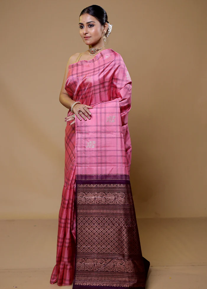 Pink Handloom Kanchipuram Pure Silk Saree With Blouse Piece - Image 4