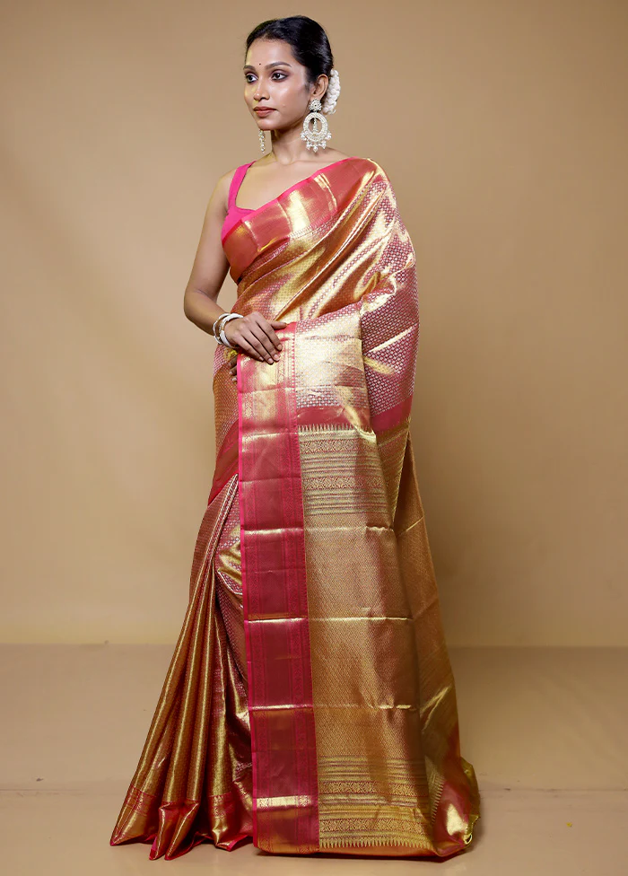 Pink Handloom Kanchipuram Pure Silk Saree With Blouse Piece - Image 4