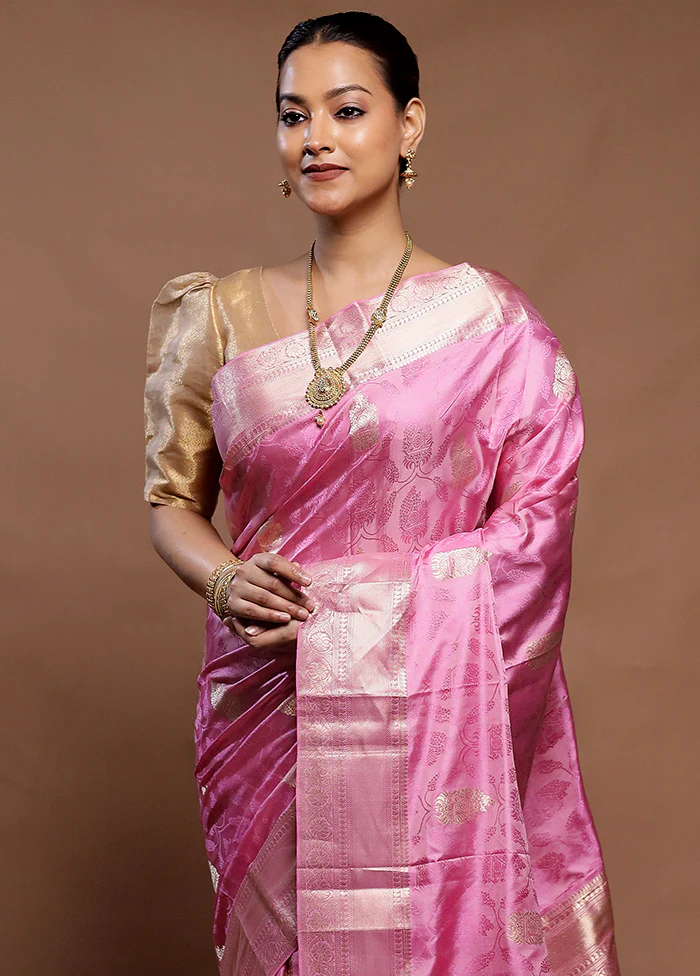Pink Handloom Kanchipuram Pure Silk Saree With Blouse Piece - Image 2