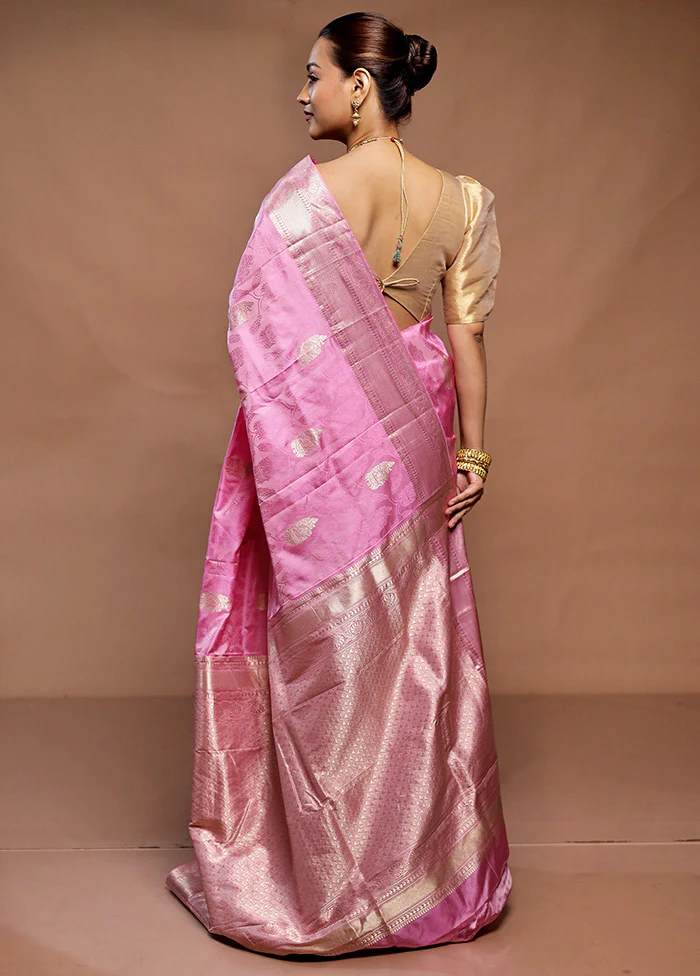 Pink Handloom Kanchipuram Pure Silk Saree With Blouse Piece - Image 3
