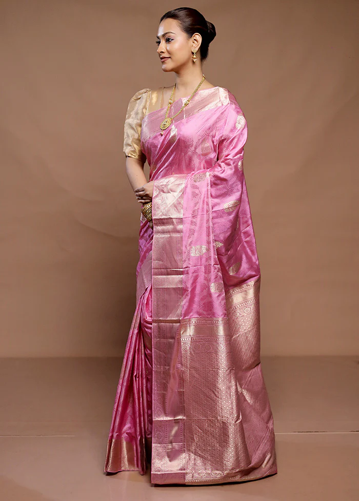 Pink Handloom Kanchipuram Pure Silk Saree With Blouse Piece - Image 4