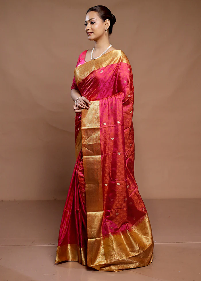 Pink Handloom Kanchipuram Pure Silk Saree With Blouse Piece - Image 4