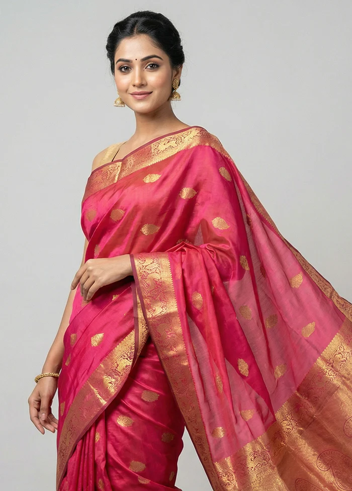 Pink Handloom Kanchipuram Pure Silk Saree With Blouse Piece - Image 2
