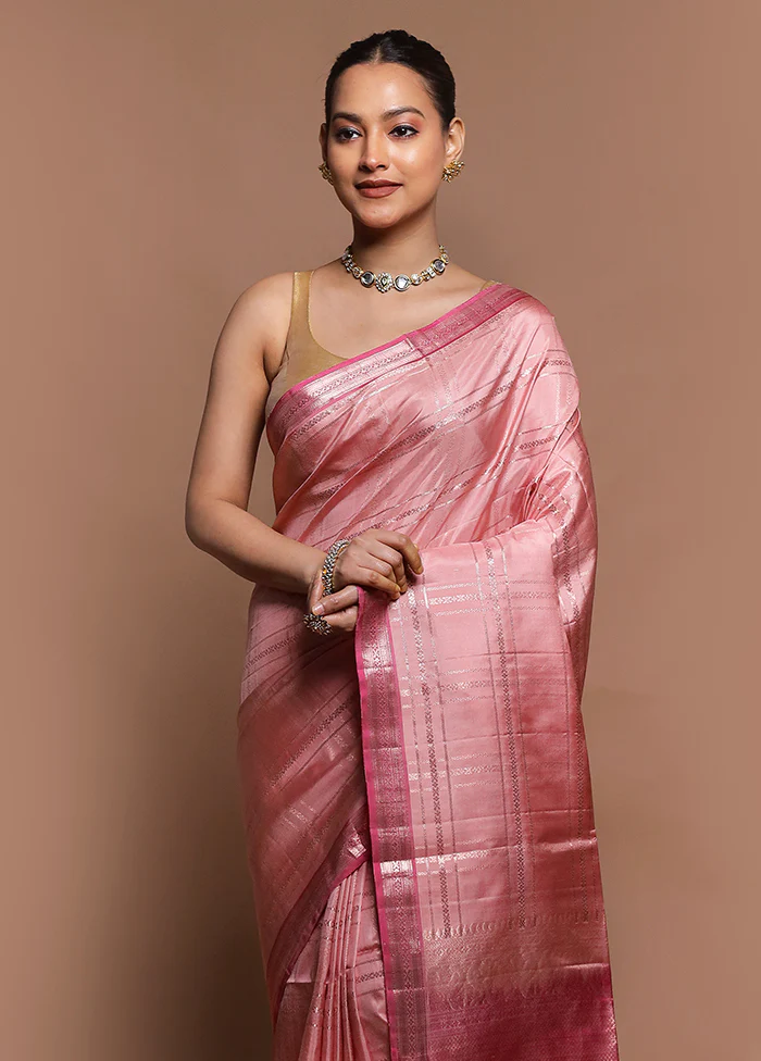 Pink Handloom Kanchipuram Pure Silk Saree With Blouse Piece - Image 2