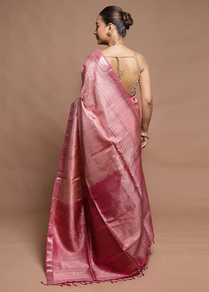 Pink Handloom Kanchipuram Pure Silk Saree With Blouse Piece - Image 3