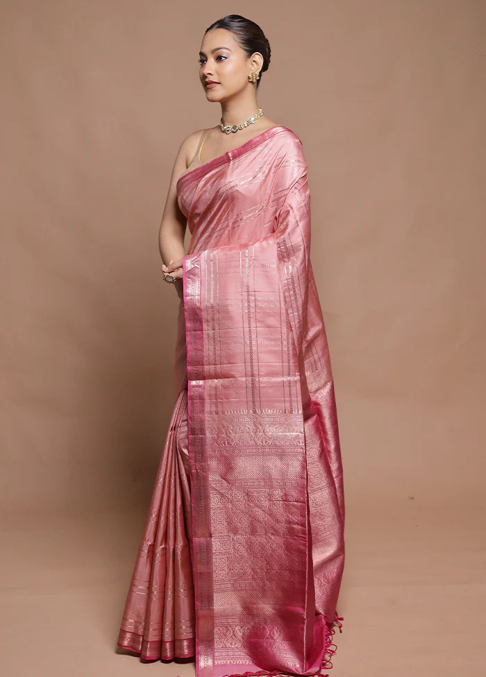 Pink Handloom Kanchipuram Pure Silk Saree With Blouse Piece - Image 4