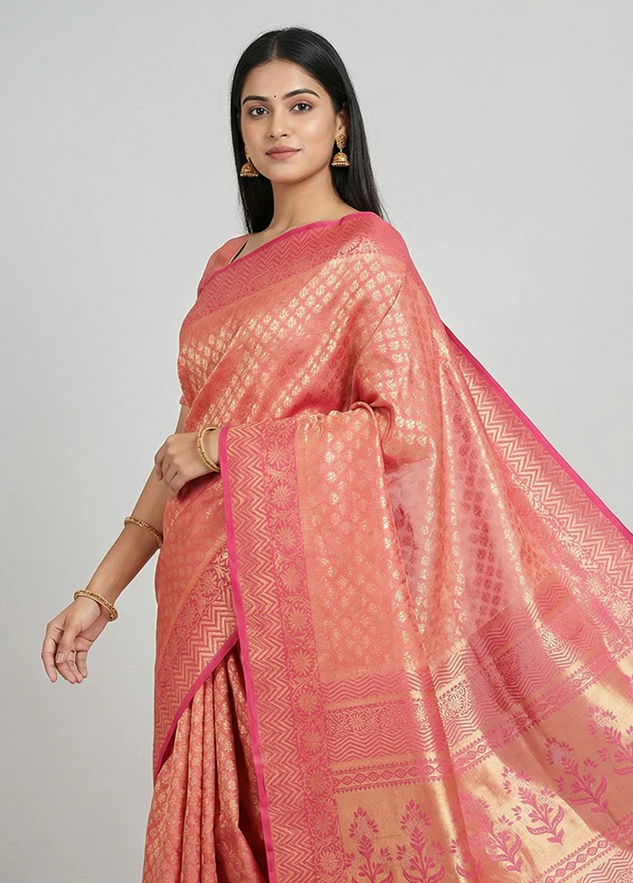 Pink Handloom Kanchipuram Pure Silk Saree With Blouse Piece - Image 2
