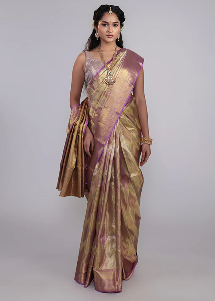 Golden Handloom Kanchipuram Pure Silk Saree With Blouse Piece - Image 4