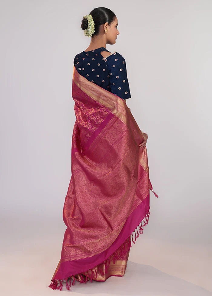 Pink Handloom Kanchipuram Pure Silk Saree With Blouse Piece - Image 3