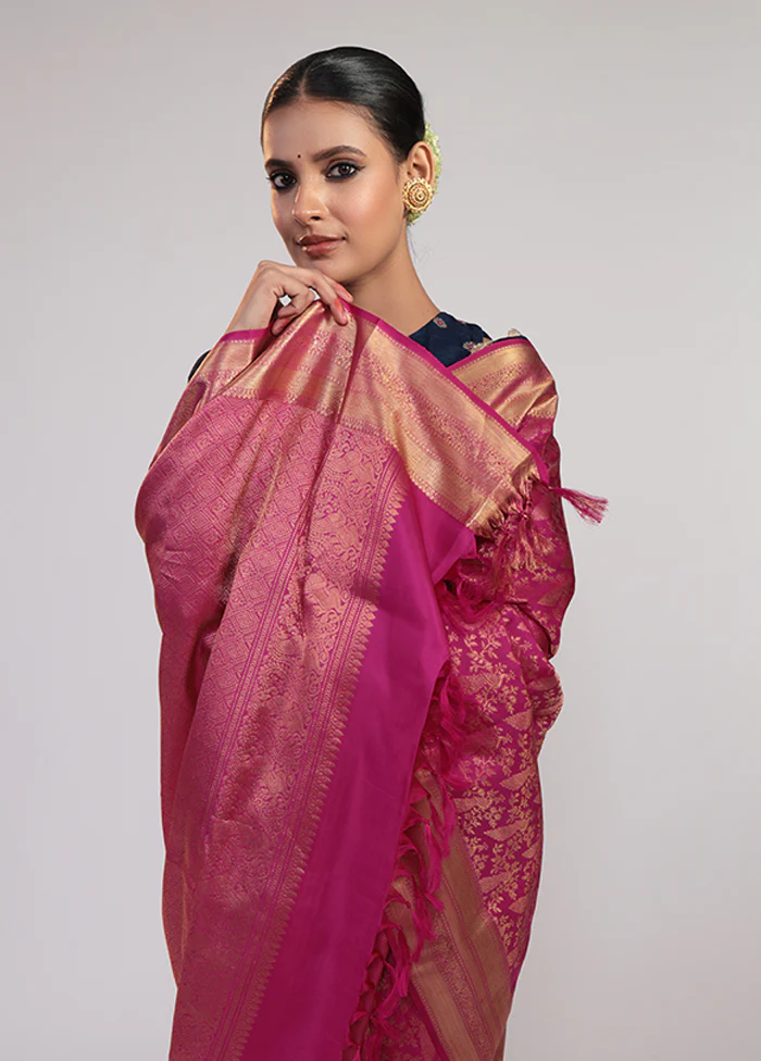 Pink Handloom Kanchipuram Pure Silk Saree With Blouse Piece - Image 4