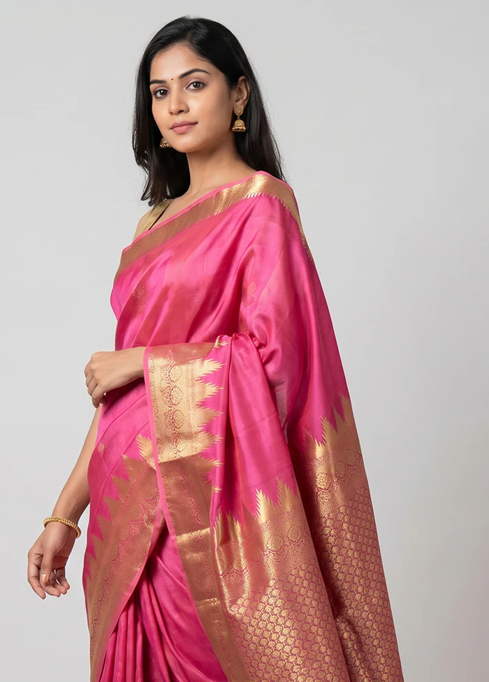 Pink Handloom Kanchipuram Pure Silk Saree With Blouse Piece - Image 2