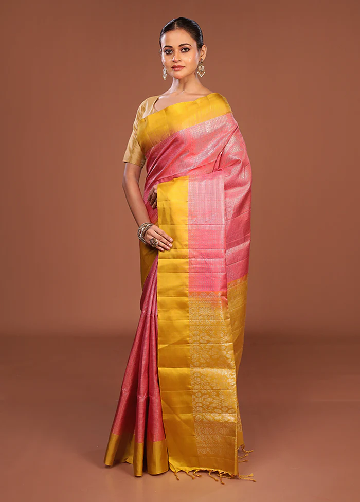Pink Handloom Kanchipuram Pure Silk Saree With Blouse Piece - Image 4