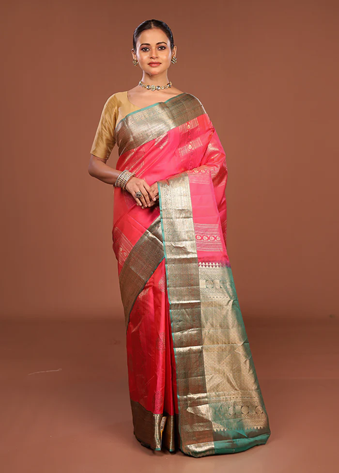 Pink Handloom Kanchipuram Pure Silk Saree With Blouse Piece - Image 2