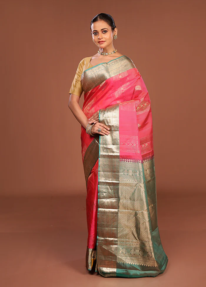 Pink Handloom Kanchipuram Pure Silk Saree With Blouse Piece - Image 4