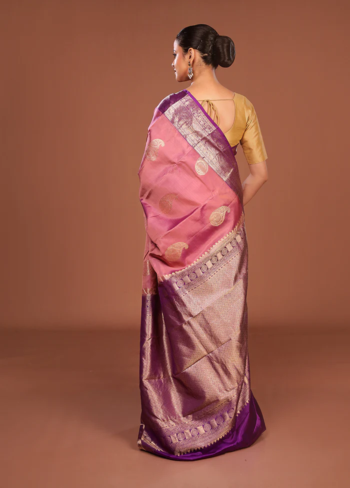 Pink Handloom Kanchipuram Pure Silk Saree With Blouse Piece - Image 3