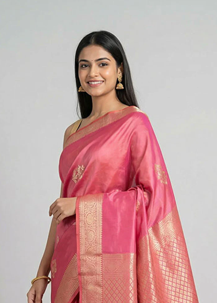Pink Handloom Kanchipuram Pure Silk Saree With Blouse Piece - Image 2