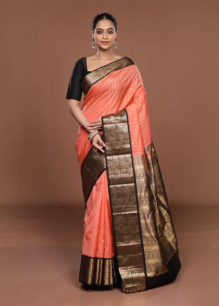 Peach Handloom Kanchipuram Pure Silk Saree With Blouse Piece - Image 2