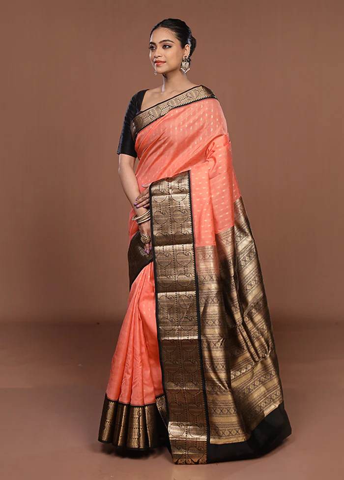 Peach Handloom Kanchipuram Pure Silk Saree With Blouse Piece - Image 4