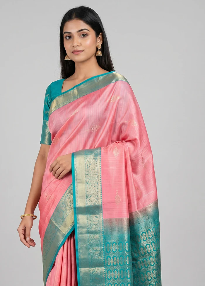 Pink Handloom Kanchipuram Pure Silk Saree With Blouse Piece - Image 2