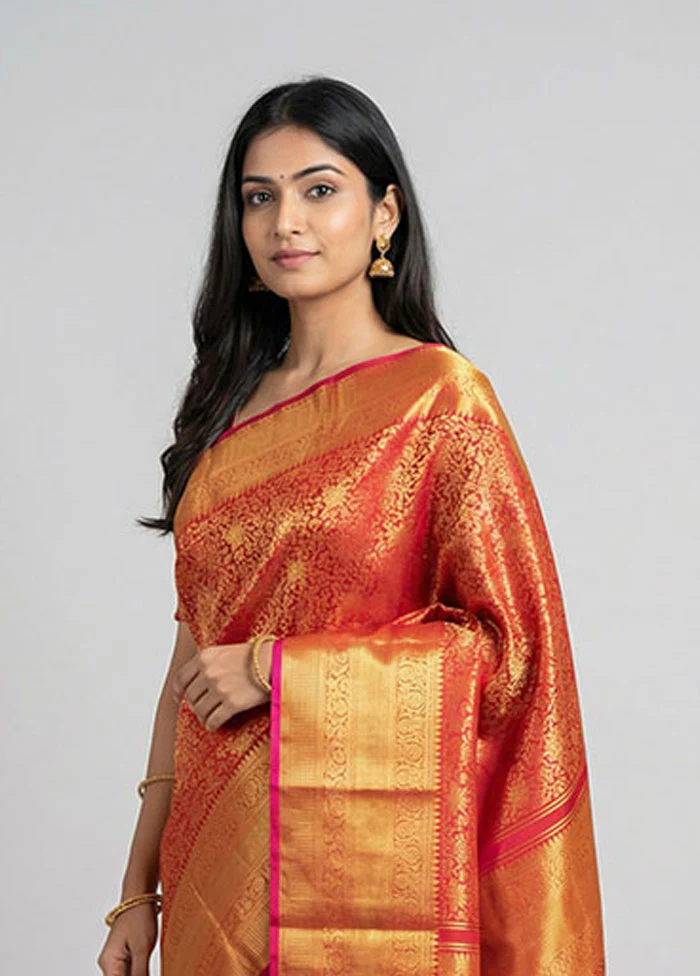 Pink Handloom Kanchipuram Pure Silk Saree With Blouse Piece - Image 2