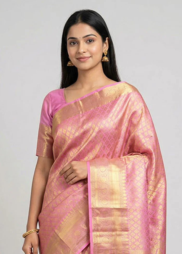 Pink Handloom Kanchipuram Pure Silk Saree With Blouse Piece - Image 2