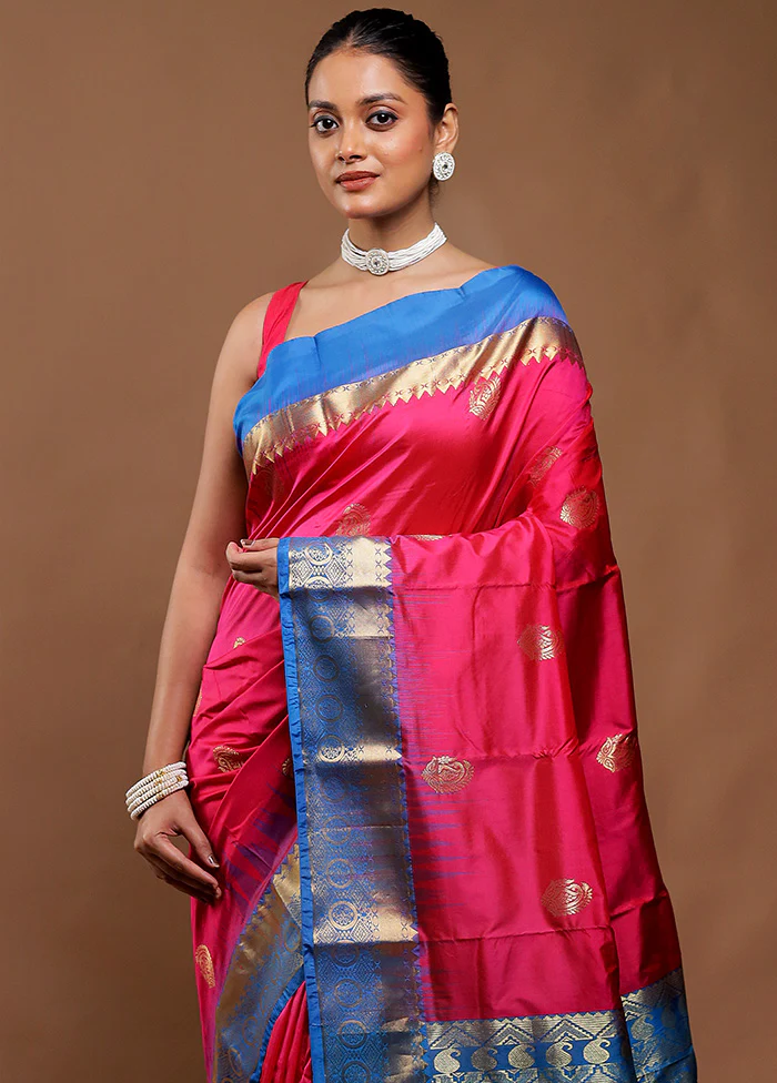 Pink Handloom Kanjivaram Pure Silk Saree With Blouse Piece - Image 2