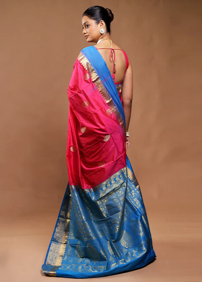 Pink Handloom Kanjivaram Pure Silk Saree With Blouse Piece - Image 3