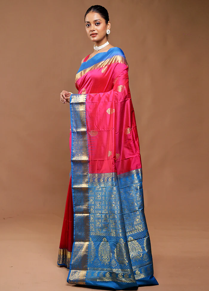 Pink Handloom Kanjivaram Pure Silk Saree With Blouse Piece - Image 4